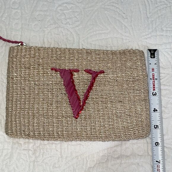 Jack Rogers Woven Clutch Pouch Tan Pink Red‎ V Initial - Picture 8 of 8